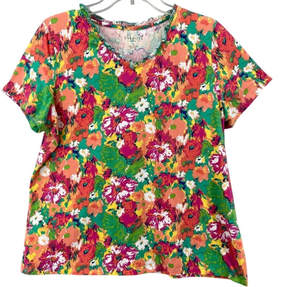 Talbots‎ Woman T-Shirt Sz 1X Floral Print Cotton Short Sleeve Ruffle Neck Top